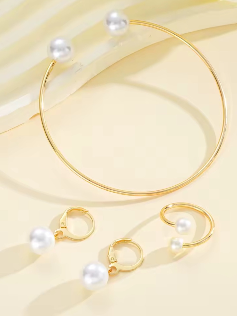 Gold Pearl Bracelet, Hoop & Ring Trio